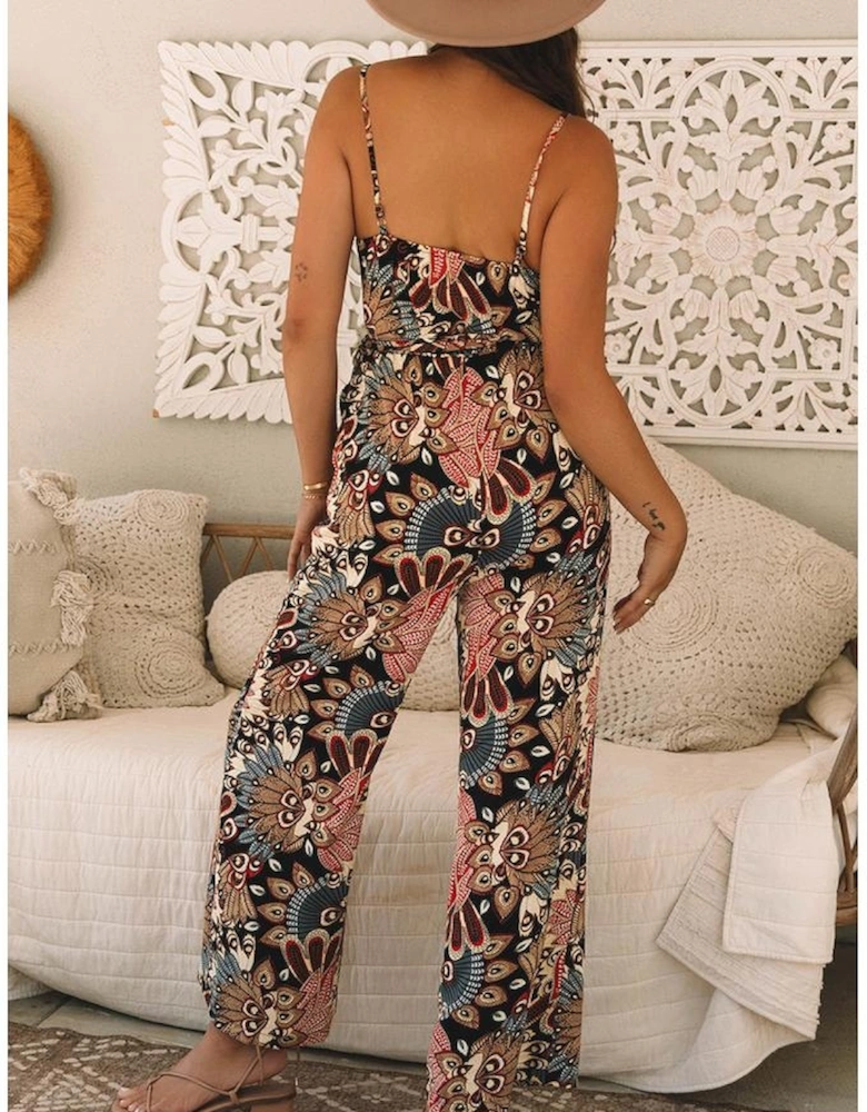 Black Floral Print Belted Sleeveless Wide Leg Jumpsuit