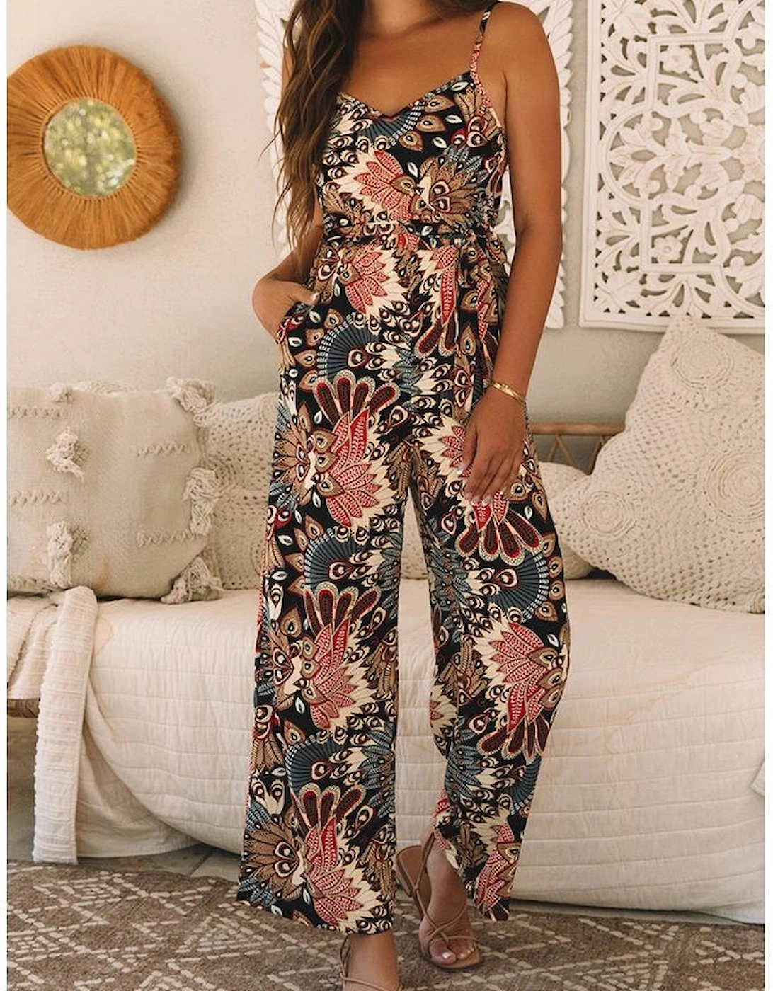 Black Floral Print Belted Sleeveless Wide Leg Jumpsuit