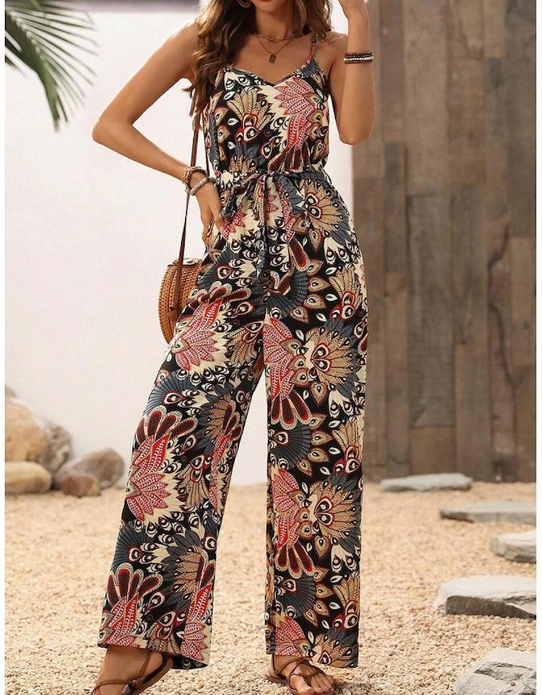 Black Floral Print Belted Sleeveless Wide Leg Jumpsuit