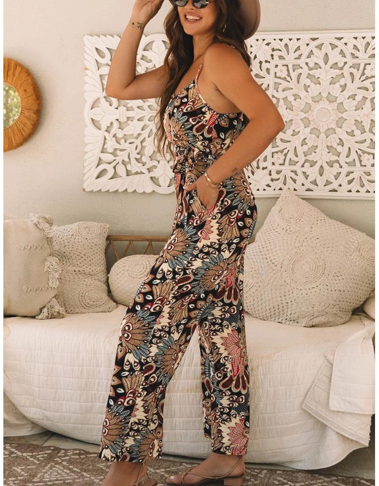 Black Floral Print Belted Sleeveless Wide Leg Jumpsuit