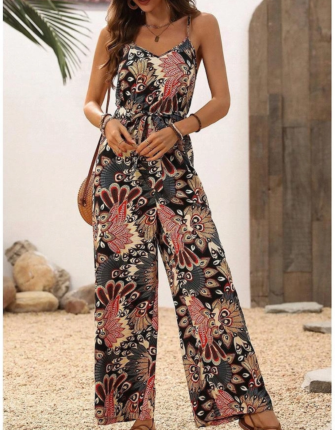 Black Floral Print Belted Sleeveless Wide Leg Jumpsuit