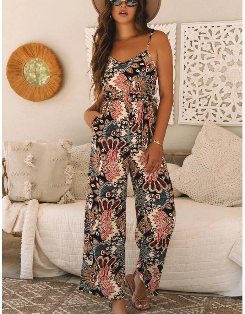 Black Floral Print Belted Sleeveless Wide Leg Jumpsuit