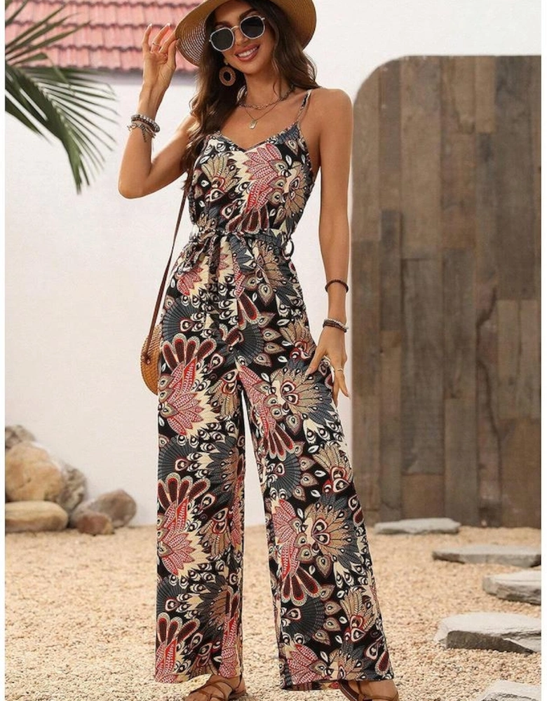 Black Floral Print Belted Sleeveless Wide Leg Jumpsuit