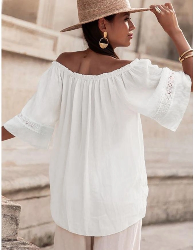 White Frilly Off Shoulder Lace Insert Sleeve Textured Blouse