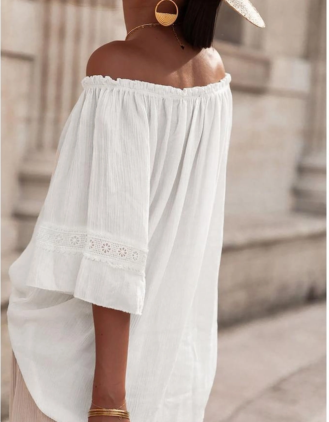 White Frilly Off Shoulder Lace Insert Sleeve Textured Blouse