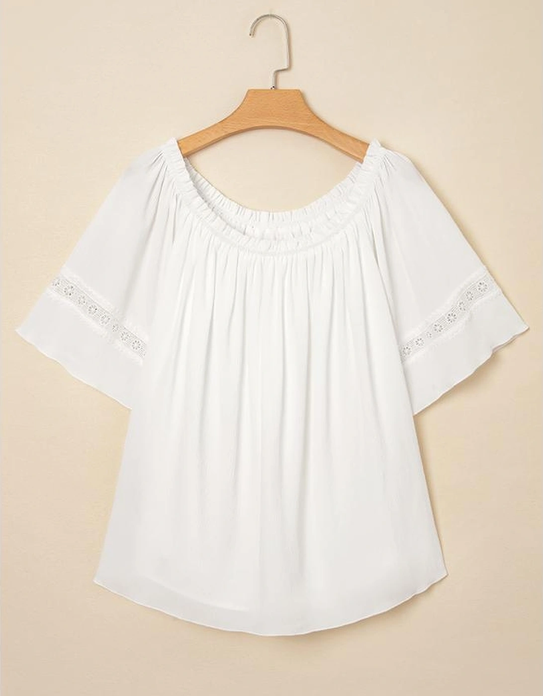 White Frilly Off Shoulder Lace Insert Sleeve Textured Blouse
