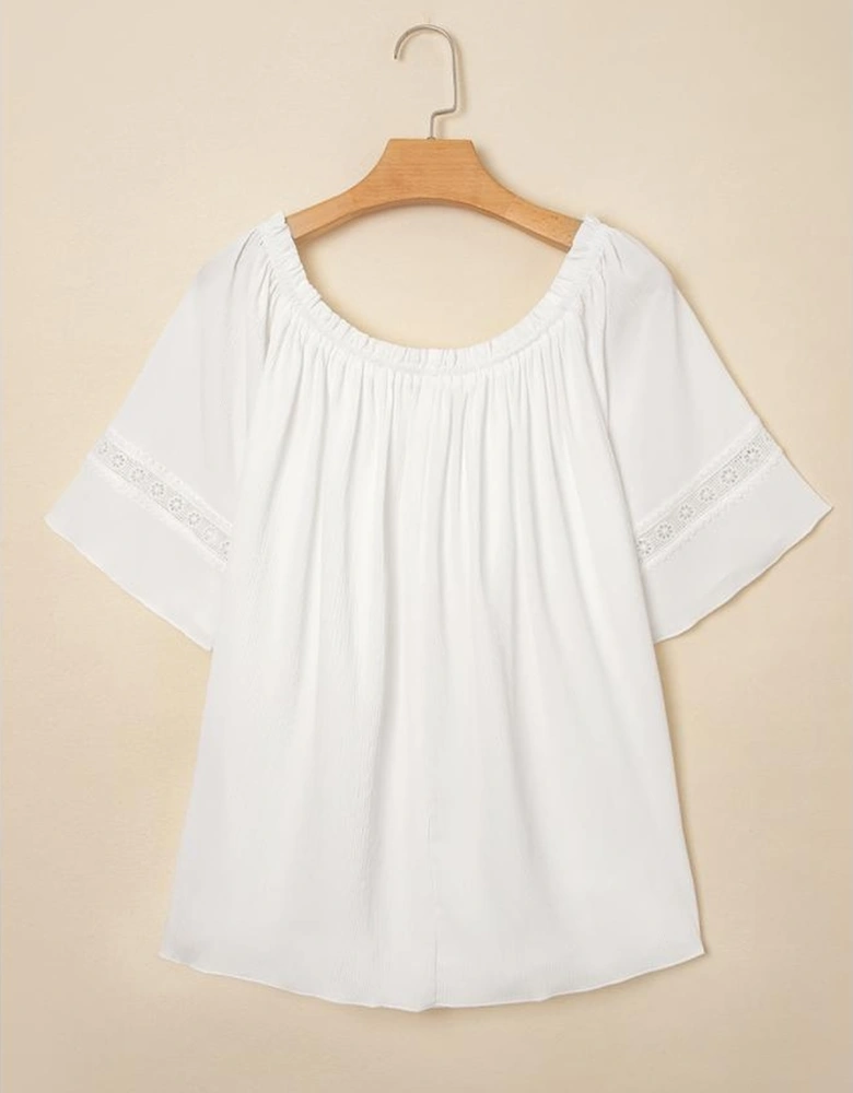 White Frilly Off Shoulder Lace Insert Sleeve Textured Blouse