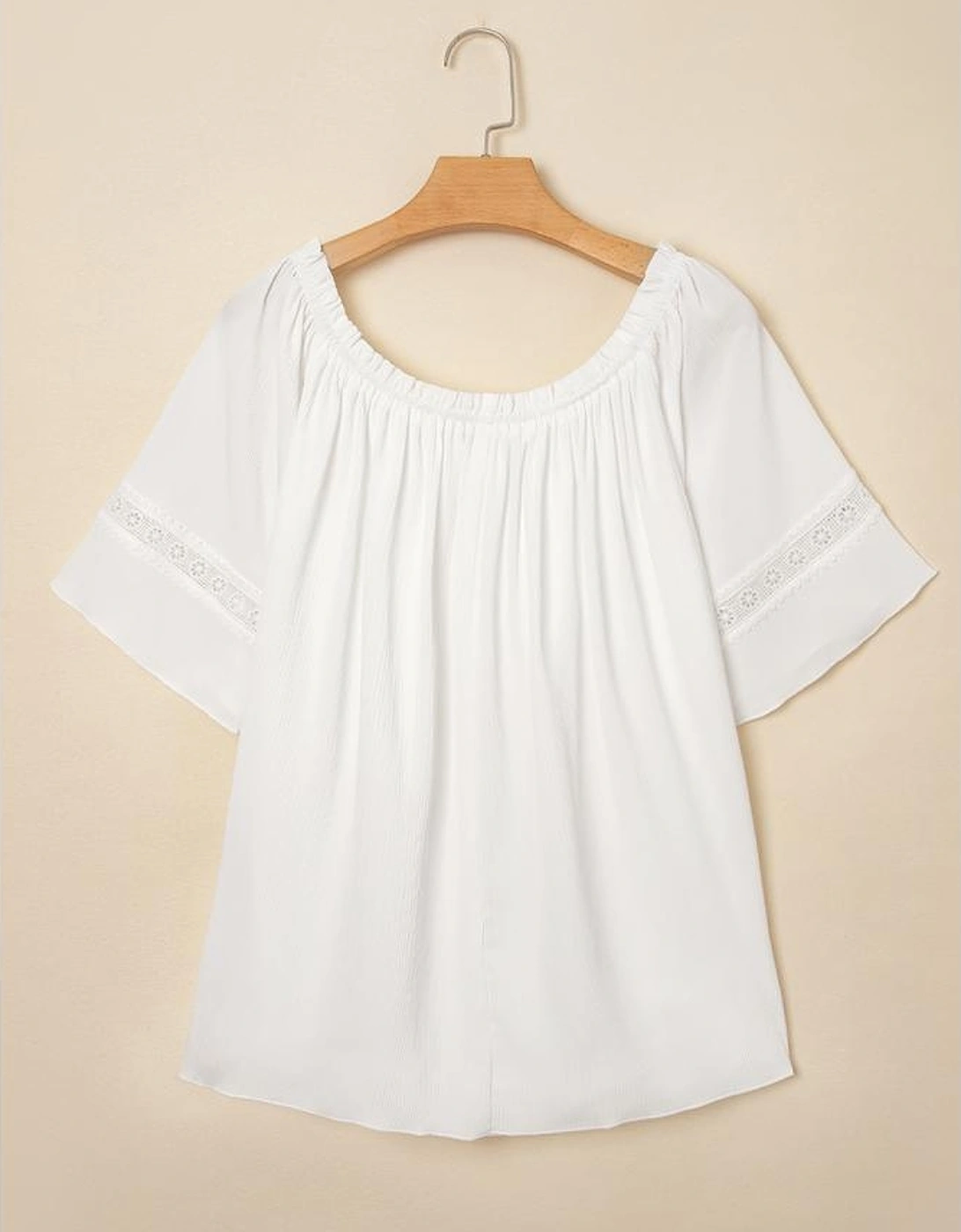 White Frilly Off Shoulder Lace Insert Sleeve Textured Blouse