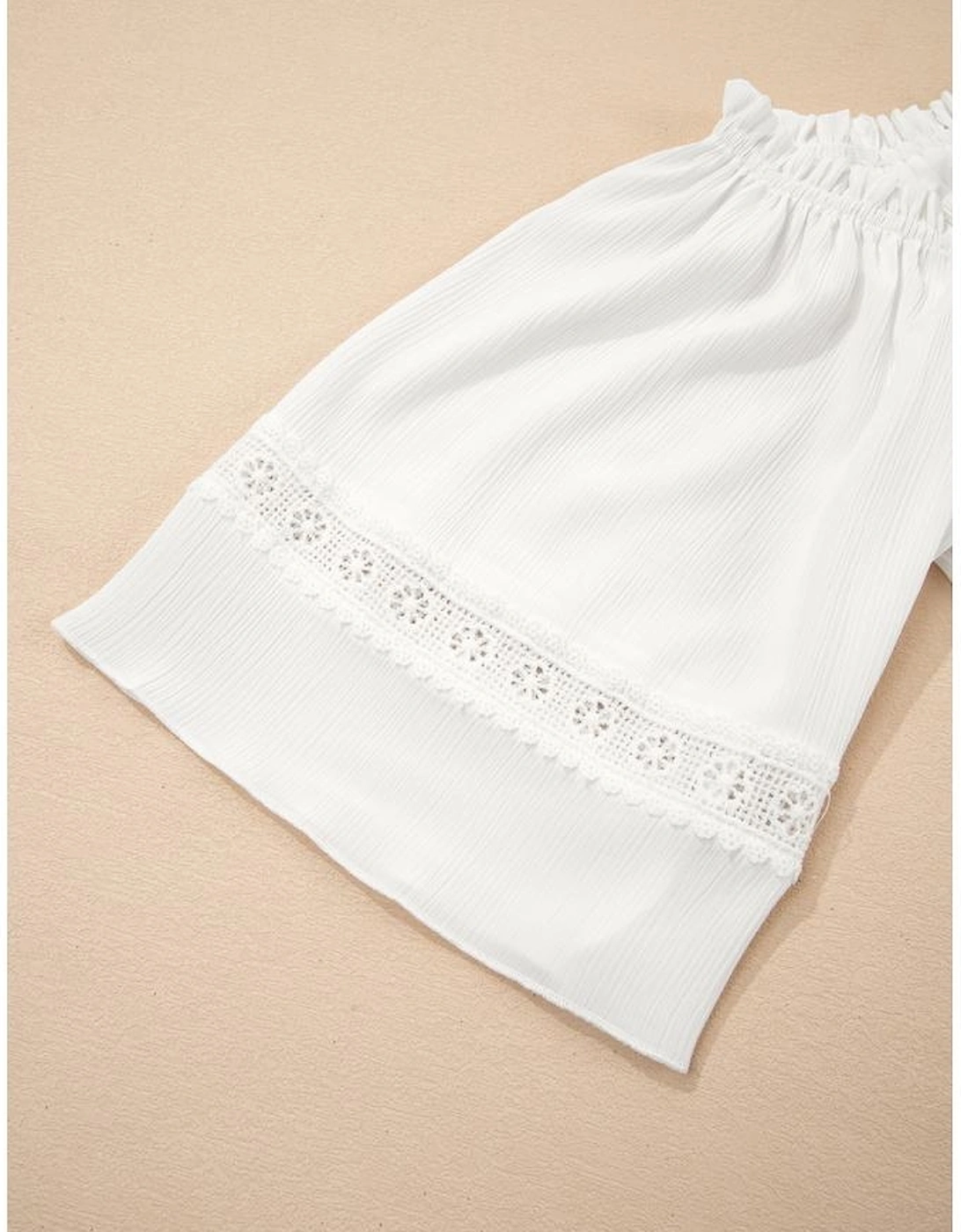 White Frilly Off Shoulder Lace Insert Sleeve Textured Blouse