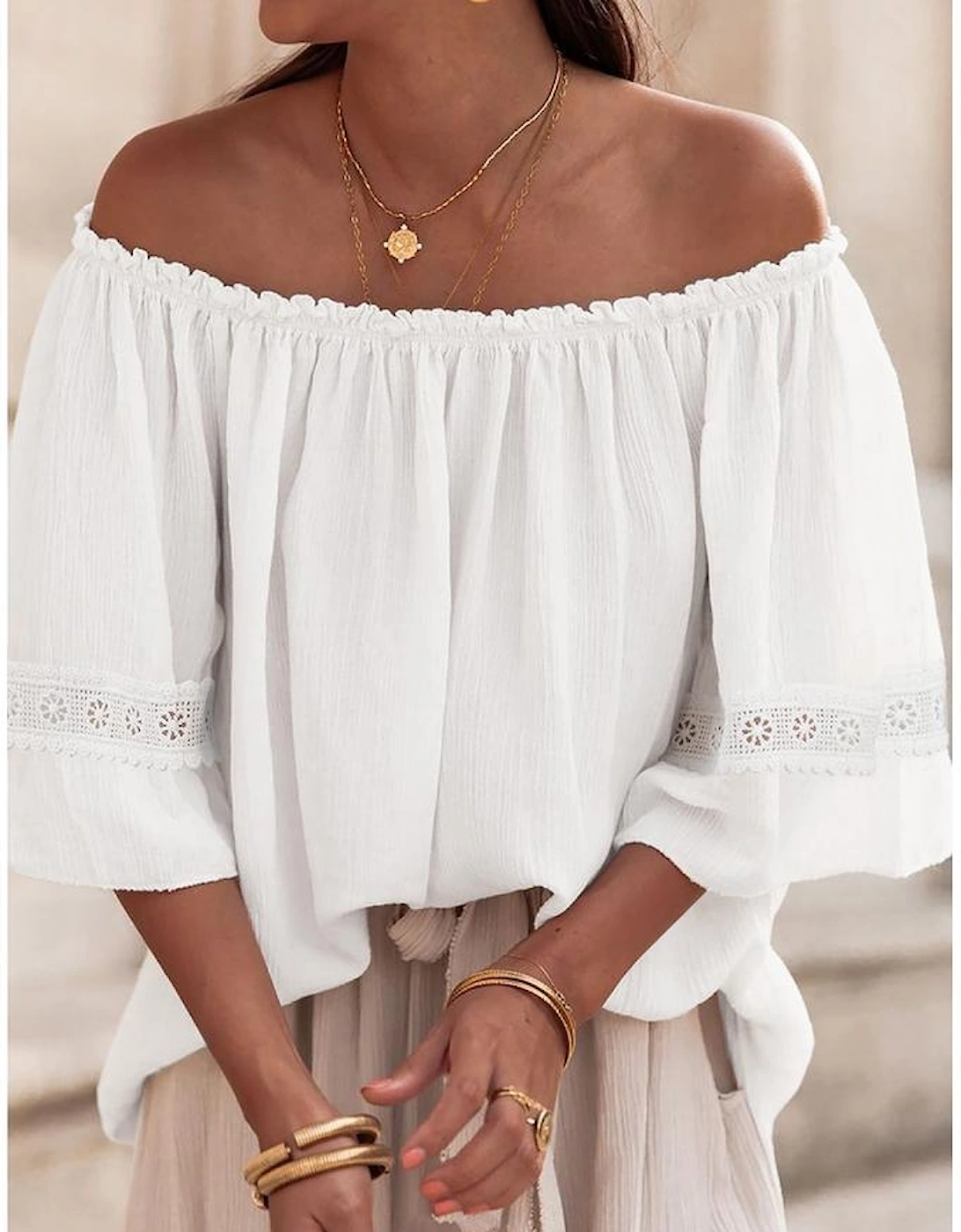White Frilly Off Shoulder Lace Insert Sleeve Textured Blouse