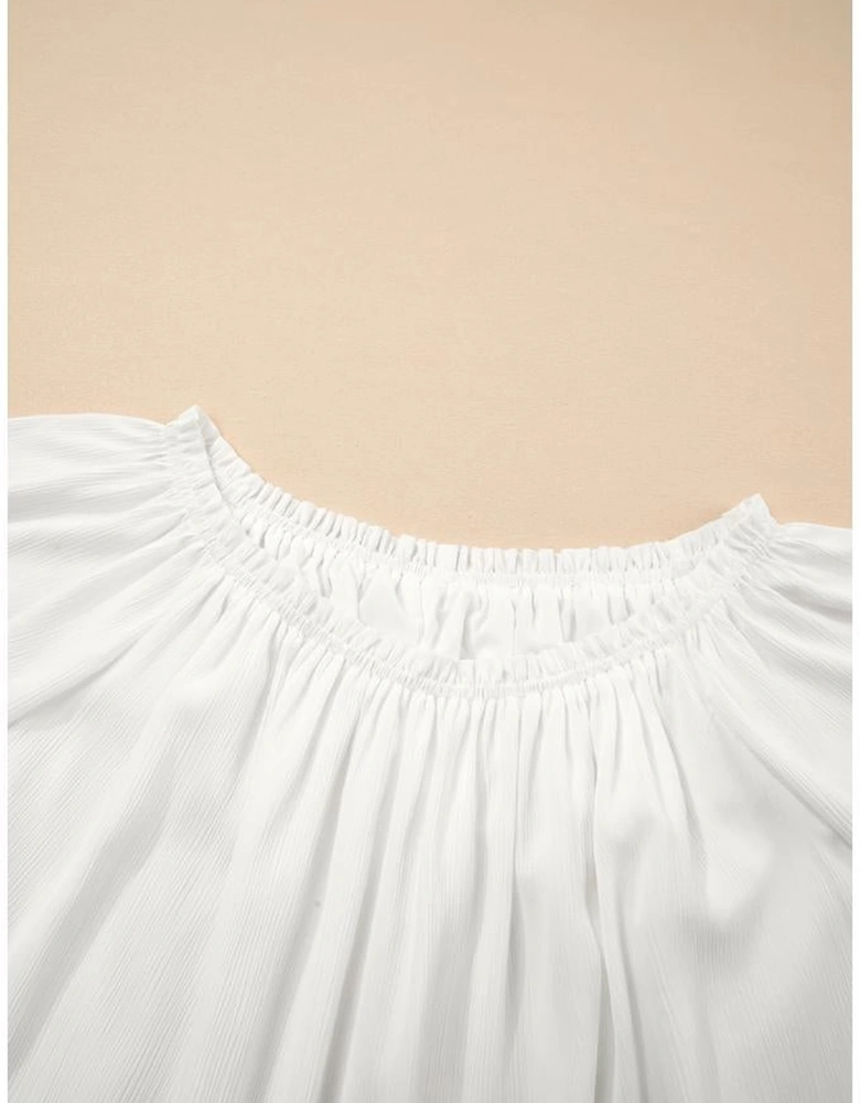 White Frilly Off Shoulder Lace Insert Sleeve Textured Blouse