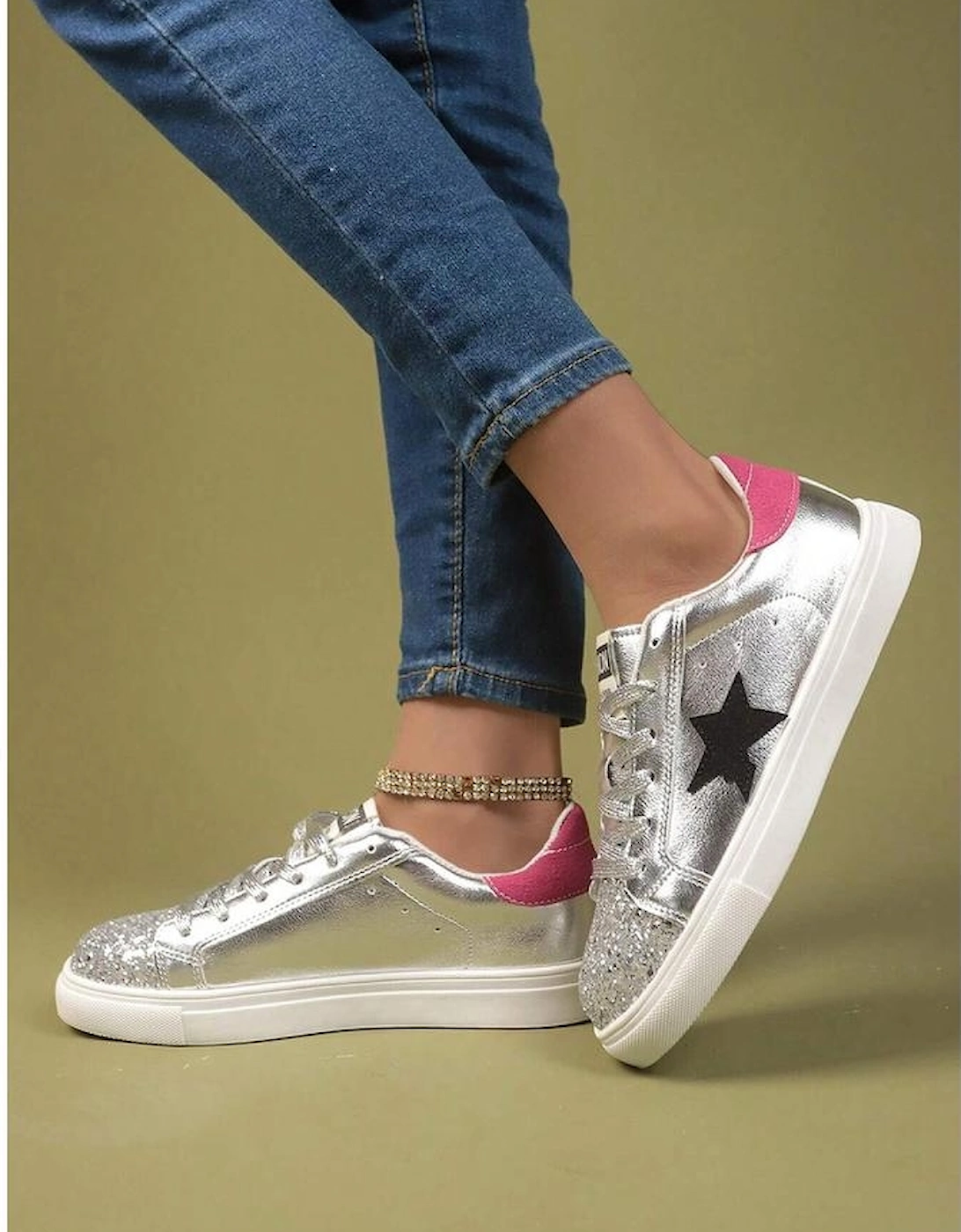 Silvery Metallic Luster Star Pattern Slip On Flat Shoes, 7 of 6