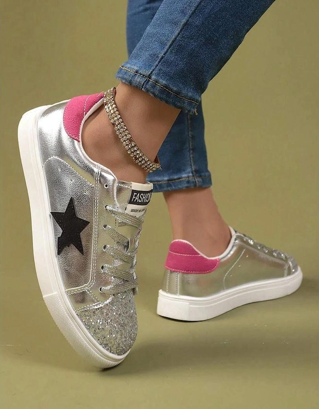 Silvery Metallic Luster Star Pattern Slip On Flat Shoes