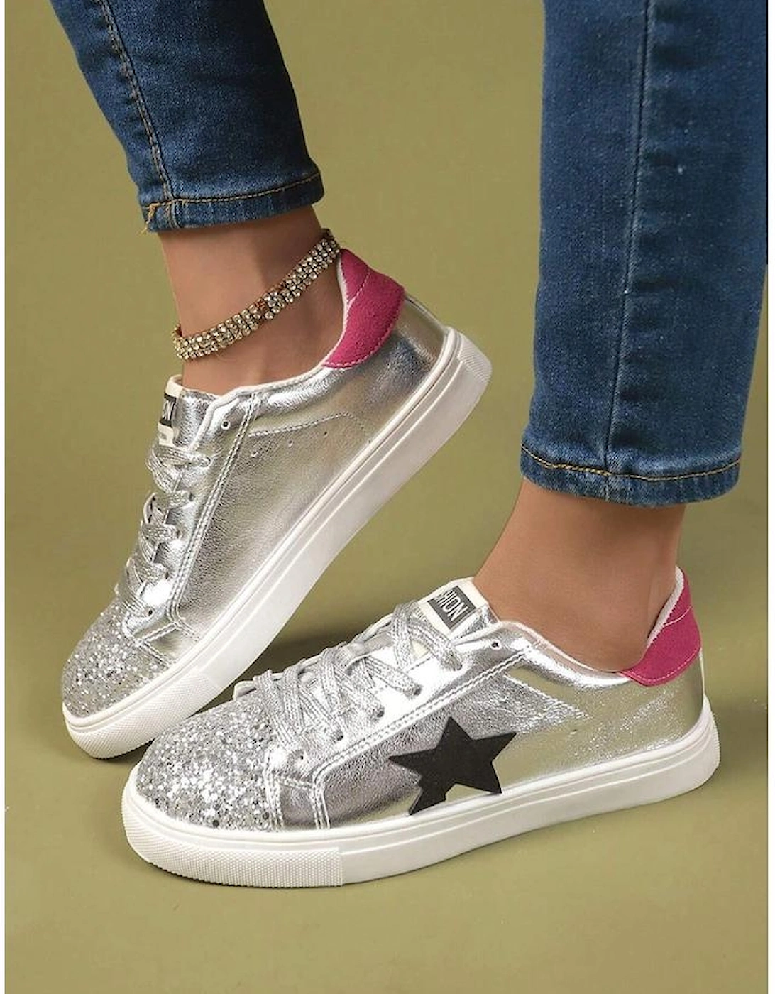Silvery Metallic Luster Star Pattern Slip On Flat Shoes