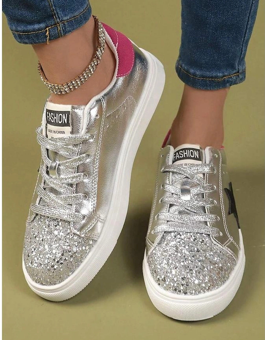 Silvery Metallic Luster Star Pattern Slip On Flat Shoes