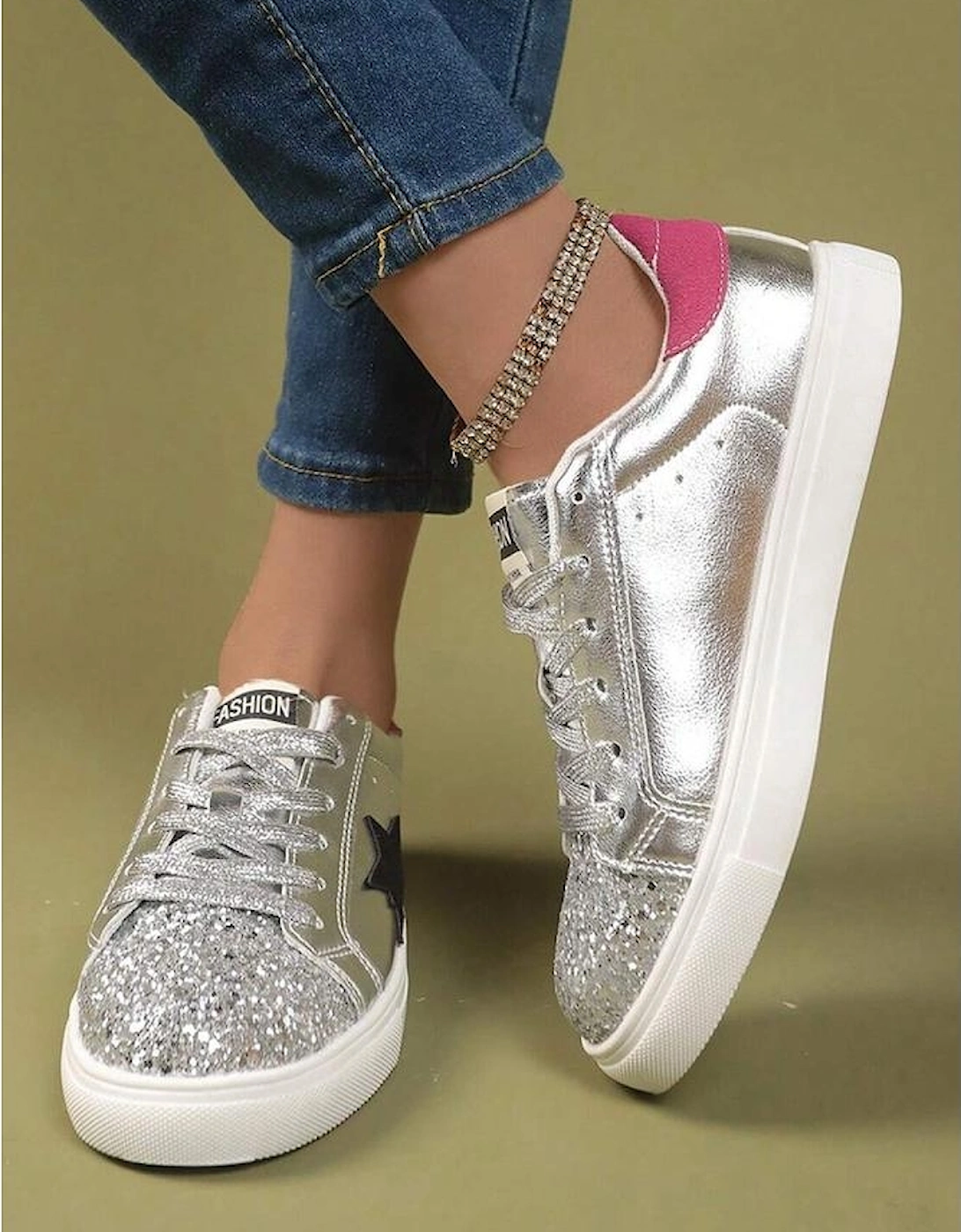 Silvery Metallic Luster Star Pattern Slip On Flat Shoes
