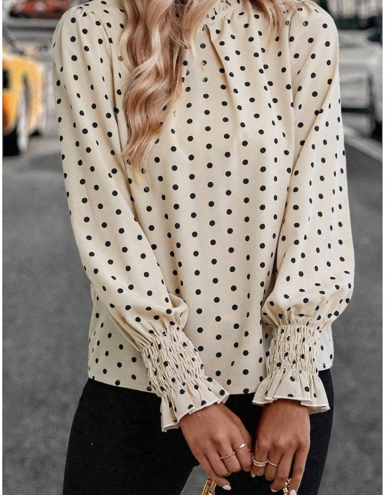 Apricot Polka Dot Print Frilled Collar Lantern Sleeve Blouse