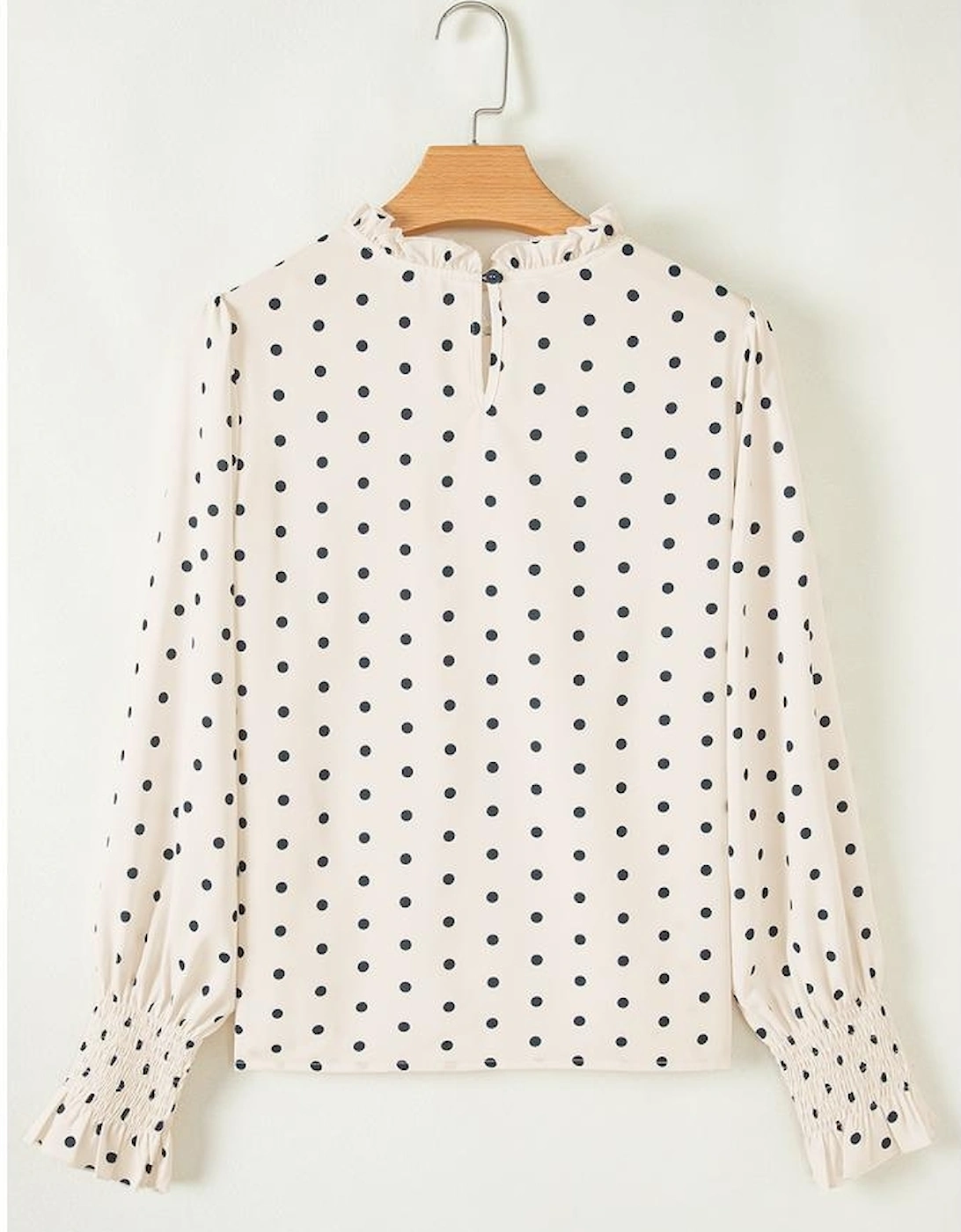 Apricot Polka Dot Print Frilled Collar Lantern Sleeve Blouse