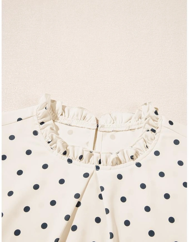 Apricot Polka Dot Print Frilled Collar Lantern Sleeve Blouse
