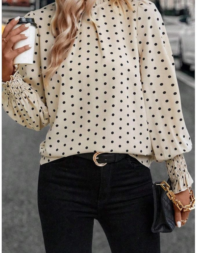 Apricot Polka Dot Print Frilled Collar Lantern Sleeve Blouse