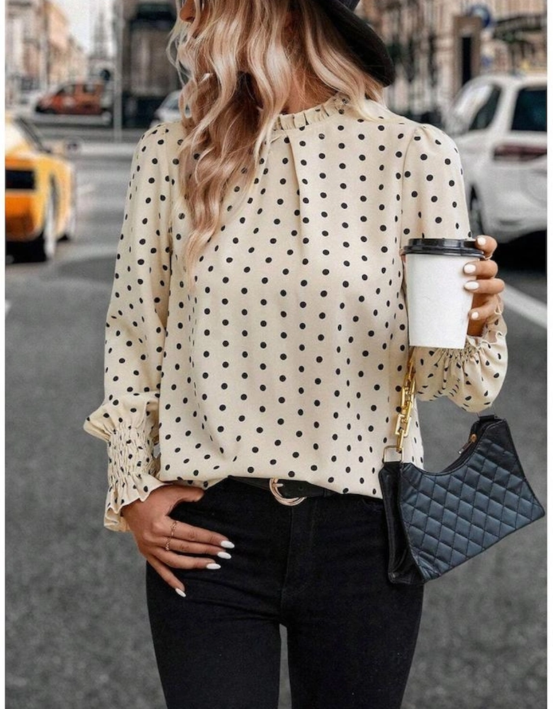 Apricot Polka Dot Print Frilled Collar Lantern Sleeve Blouse
