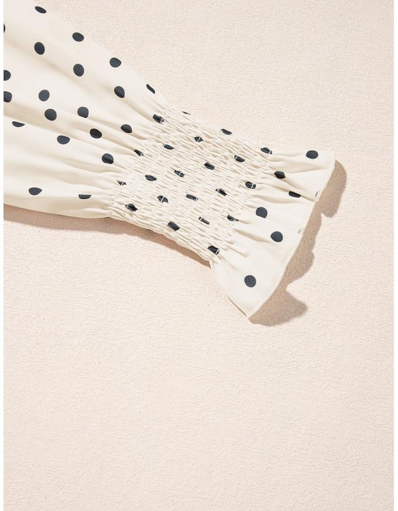 Apricot Polka Dot Print Frilled Collar Lantern Sleeve Blouse