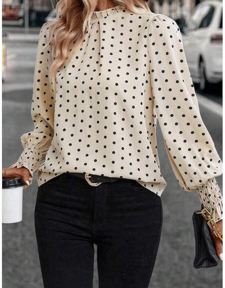 Apricot Polka Dot Print Frilled Collar Lantern Sleeve Blouse