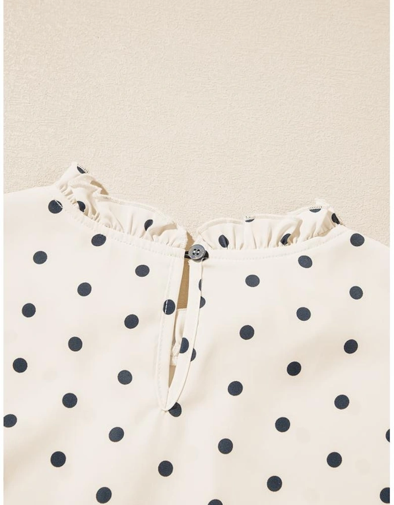 Apricot Polka Dot Print Frilled Collar Lantern Sleeve Blouse