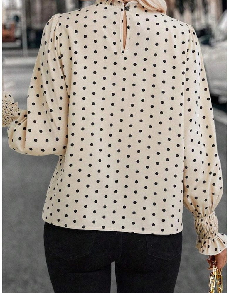 Apricot Polka Dot Print Frilled Collar Lantern Sleeve Blouse