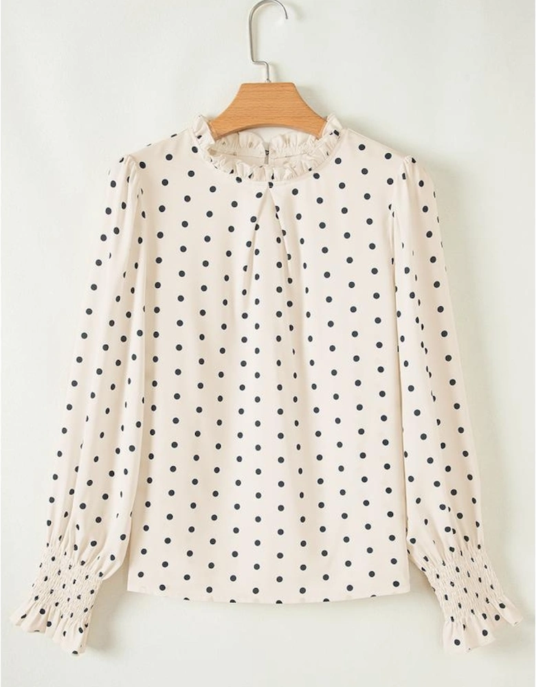 Apricot Polka Dot Print Frilled Collar Lantern Sleeve Blouse