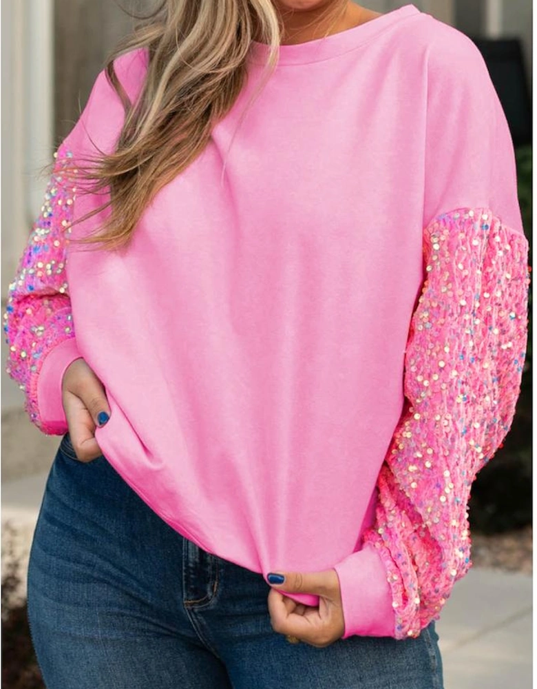 Pink Plus Size Sequin Sleeve Drop Shoulder Sweatshirt
