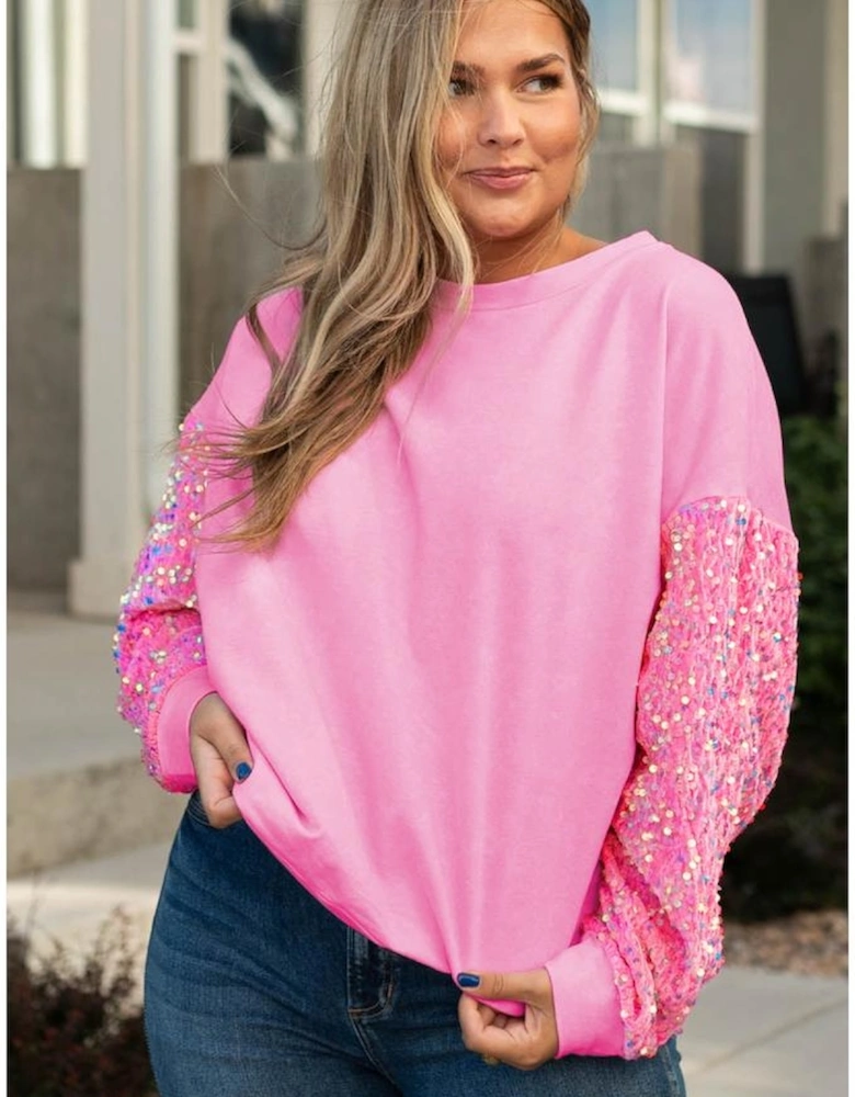 Pink Plus Size Sequin Sleeve Drop Shoulder Sweatshirt