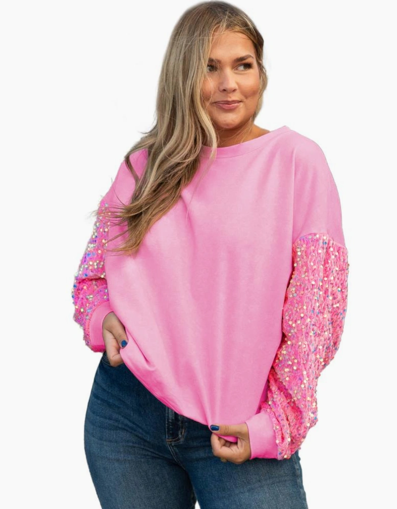 Pink Plus Size Sequin Sleeve Drop Shoulder Sweatshirt