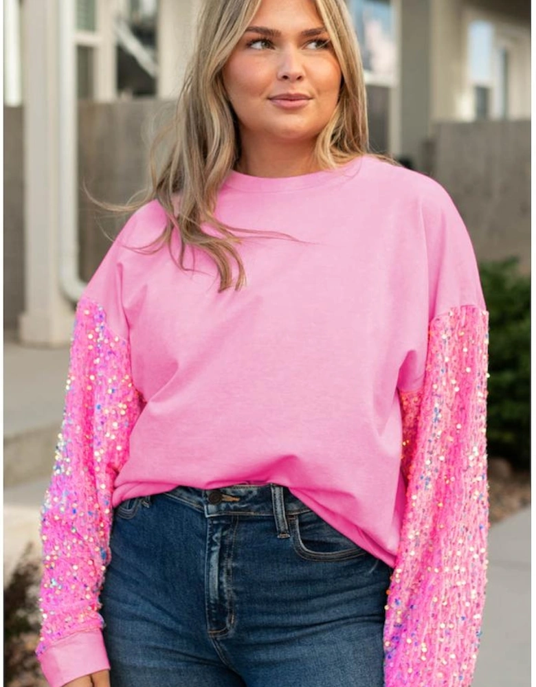 Pink Plus Size Sequin Sleeve Drop Shoulder Sweatshirt