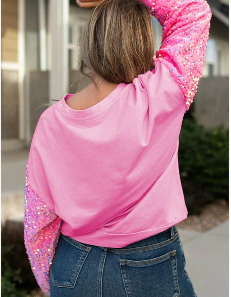 Pink Plus Size Sequin Sleeve Drop Shoulder Sweatshirt