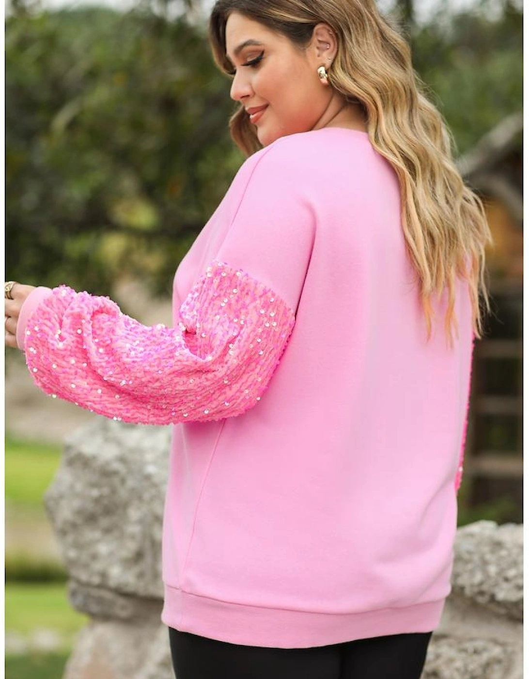 Pink Plus Size Sequin Sleeve Drop Shoulder Sweatshirt