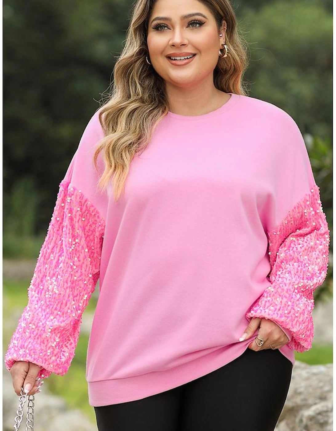Pink Plus Size Sequin Sleeve Drop Shoulder Sweatshirt