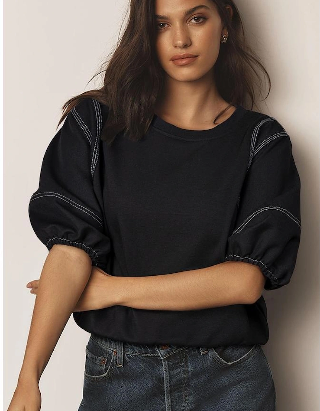 Black Contrast Stitches Detail Puffy Half Sleeve Blouse, 16 of 15