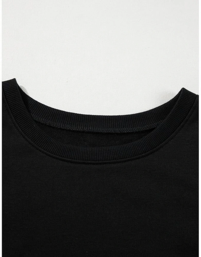 Black Contrast Stitches Detail Puffy Half Sleeve Blouse