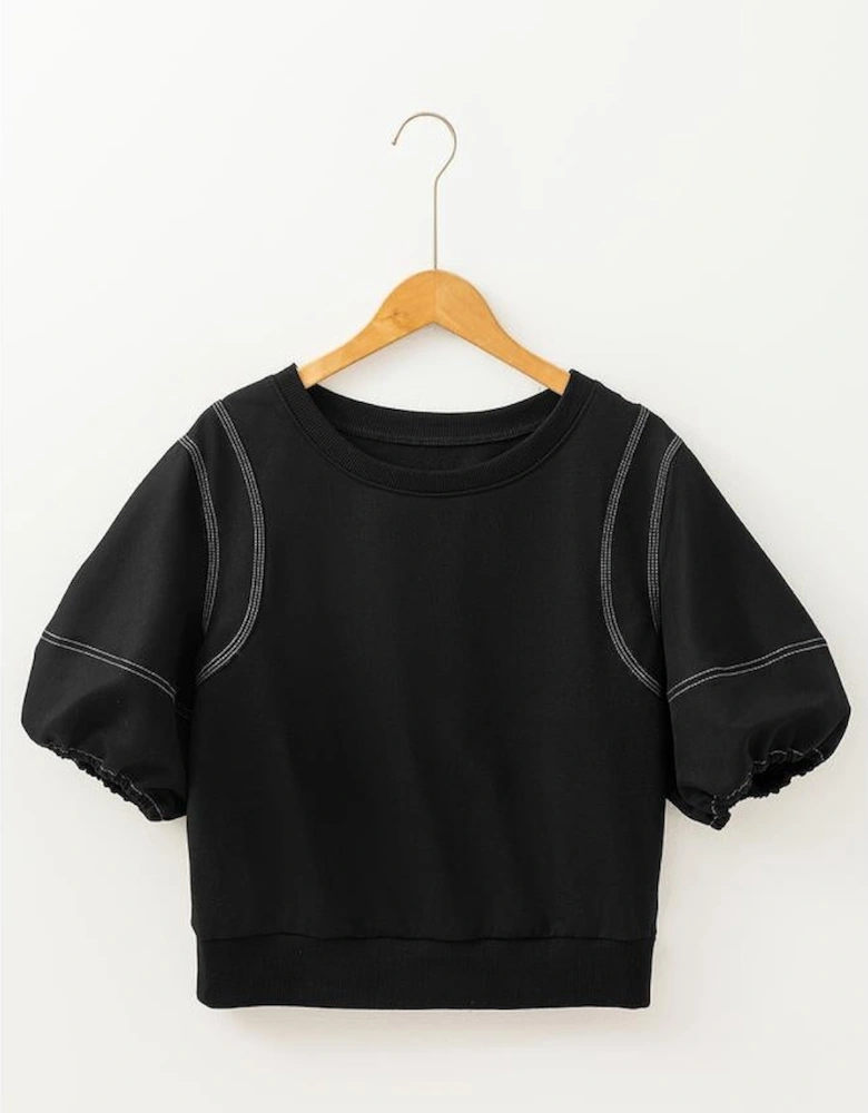 Black Contrast Stitches Detail Puffy Half Sleeve Blouse