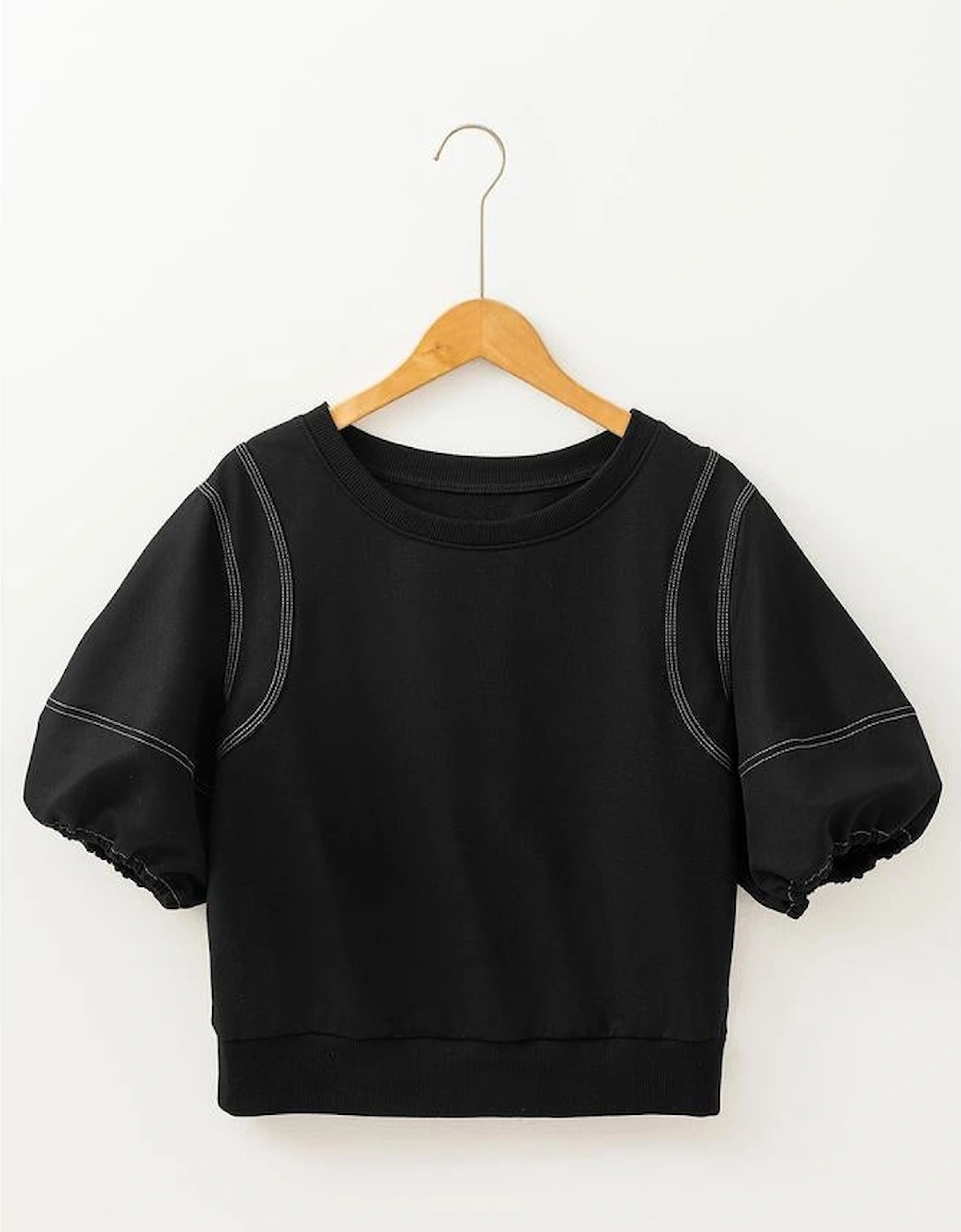 Black Contrast Stitches Detail Puffy Half Sleeve Blouse