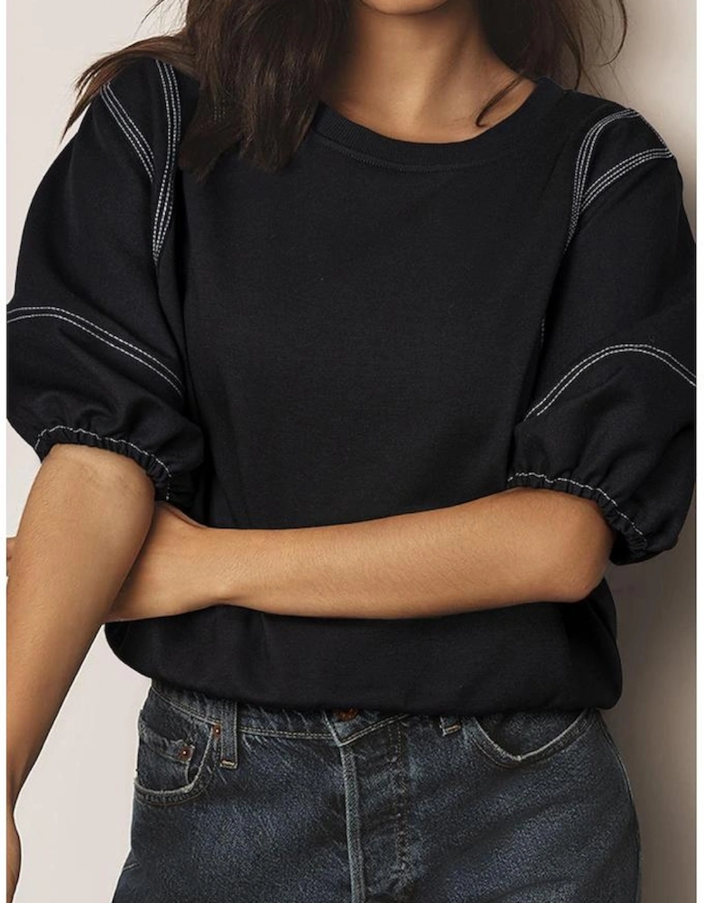 Black Contrast Stitches Detail Puffy Half Sleeve Blouse
