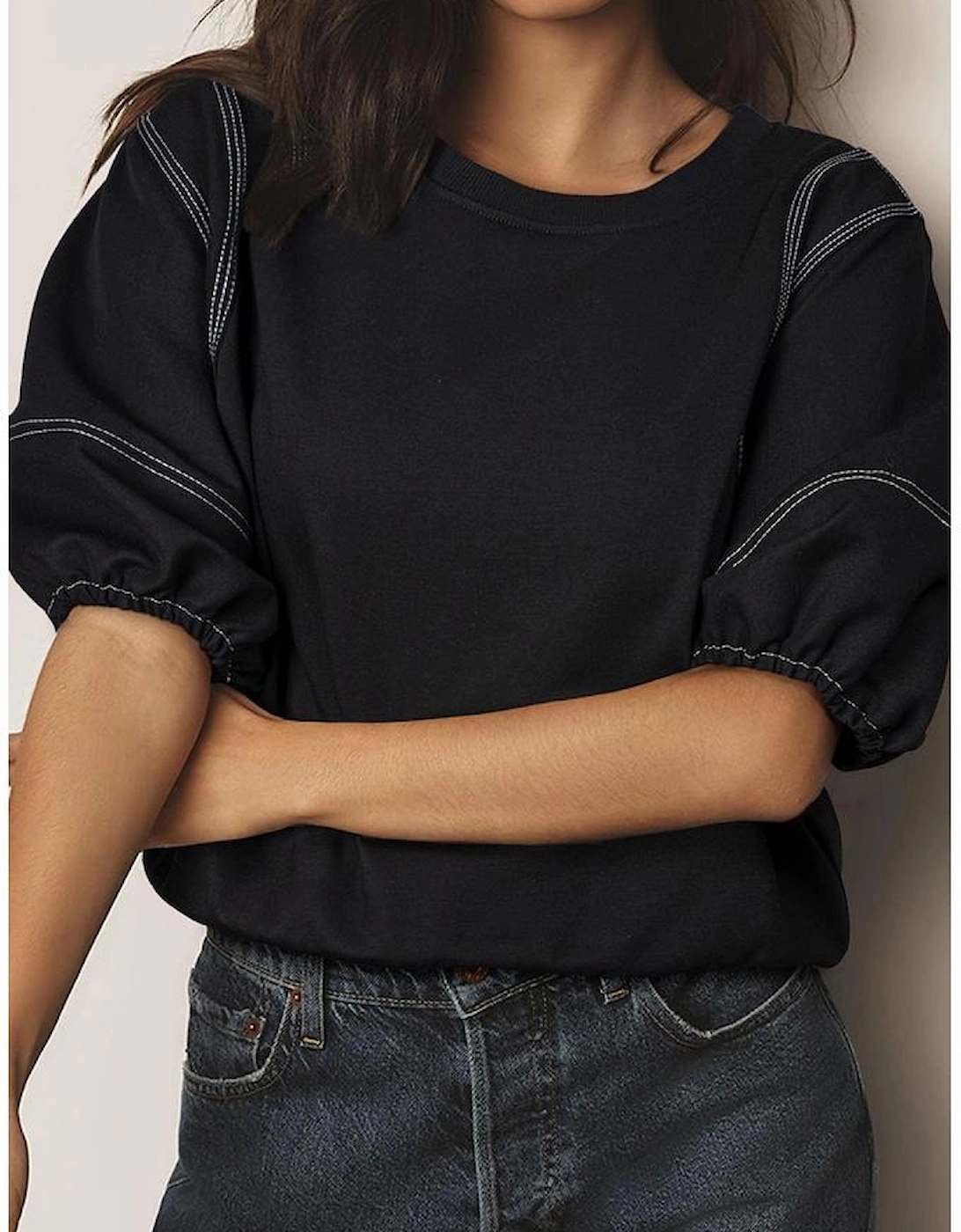 Black Contrast Stitches Detail Puffy Half Sleeve Blouse