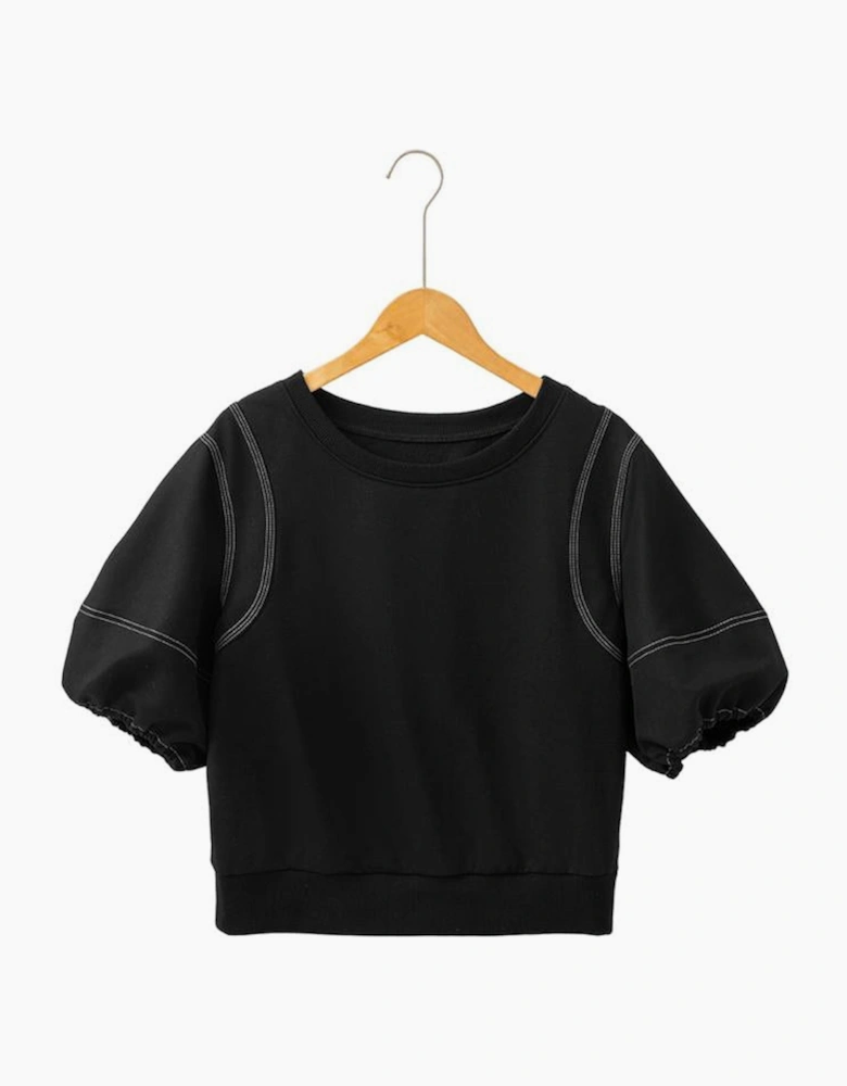 Black Contrast Stitches Detail Puffy Half Sleeve Blouse
