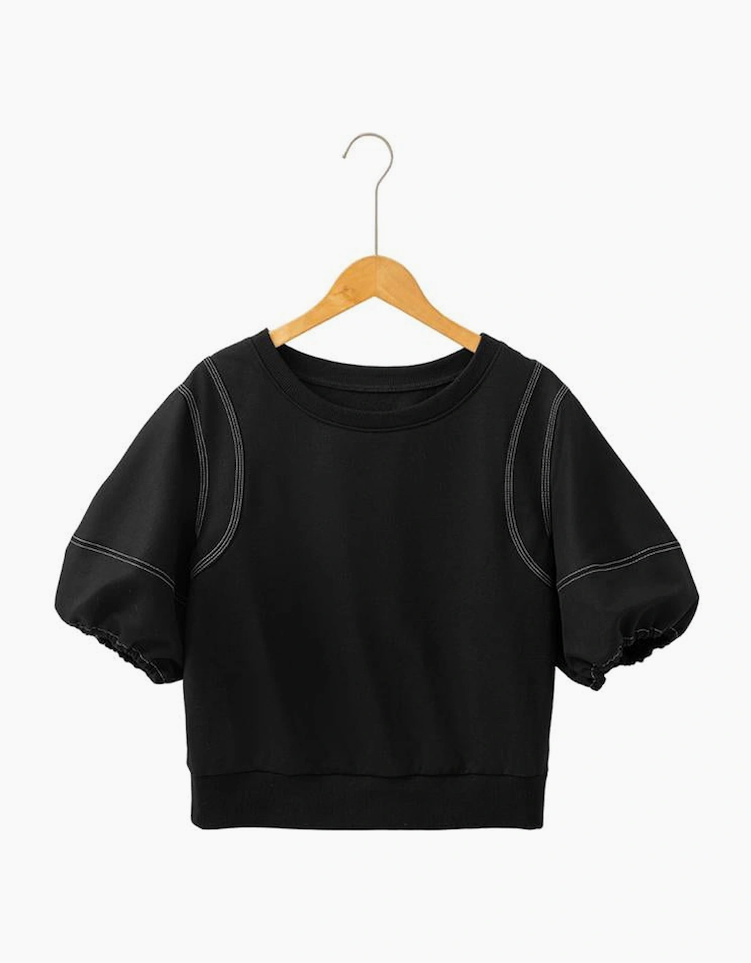 Black Contrast Stitches Detail Puffy Half Sleeve Blouse