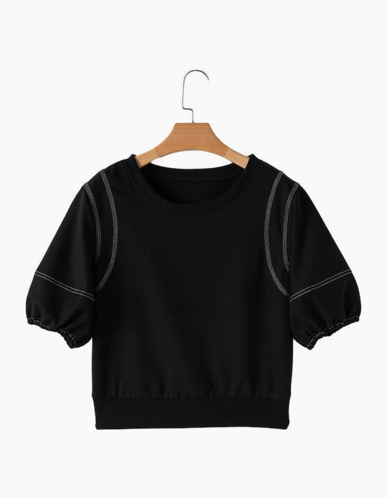 Black Contrast Stitches Detail Puffy Half Sleeve Blouse