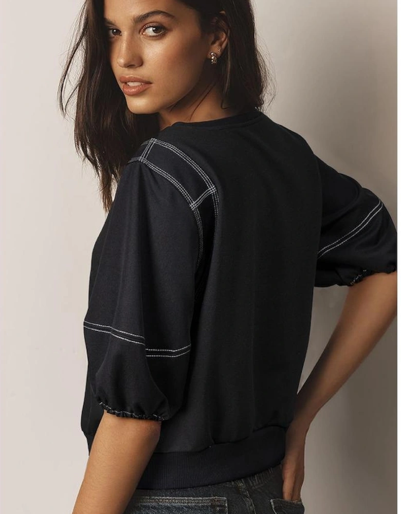 Black Contrast Stitches Detail Puffy Half Sleeve Blouse