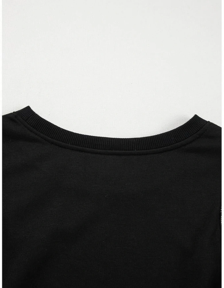 Black Contrast Stitches Detail Puffy Half Sleeve Blouse