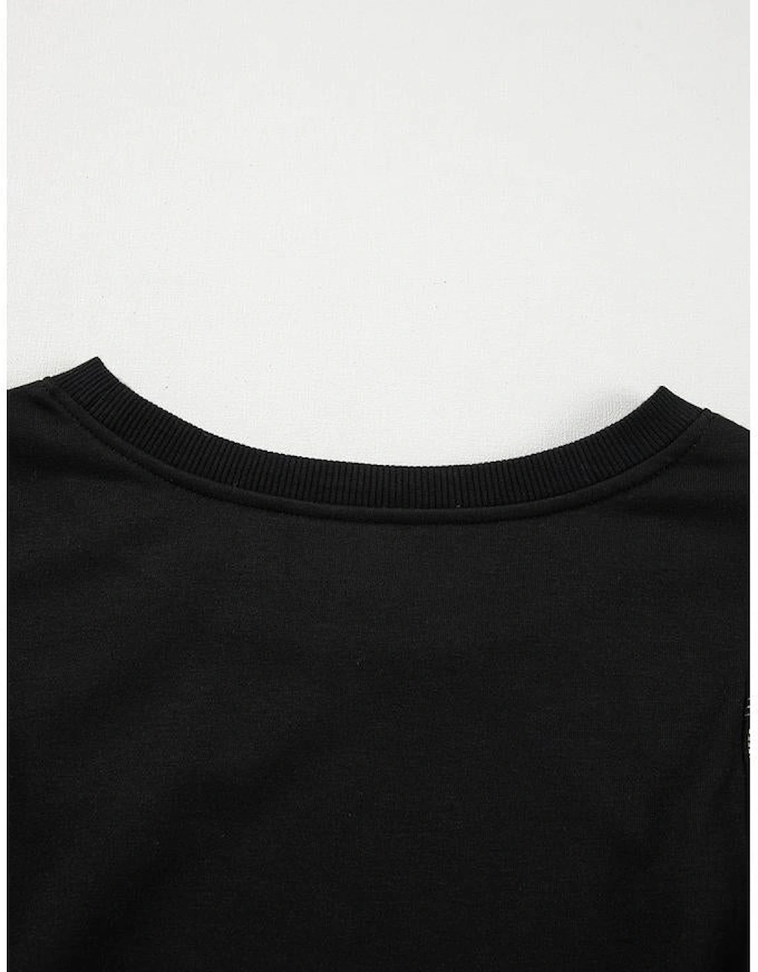 Black Contrast Stitches Detail Puffy Half Sleeve Blouse