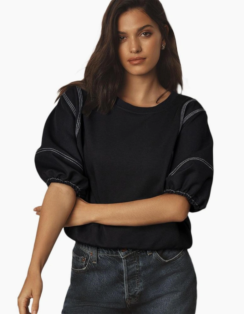 Black Contrast Stitches Detail Puffy Half Sleeve Blouse